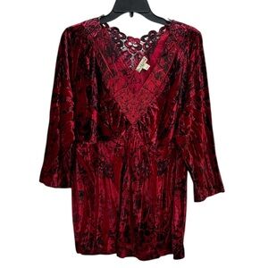 Live and Let Live Red Velvet Tunic 3X Empire Waist V-Neck Lace Artsy Festival